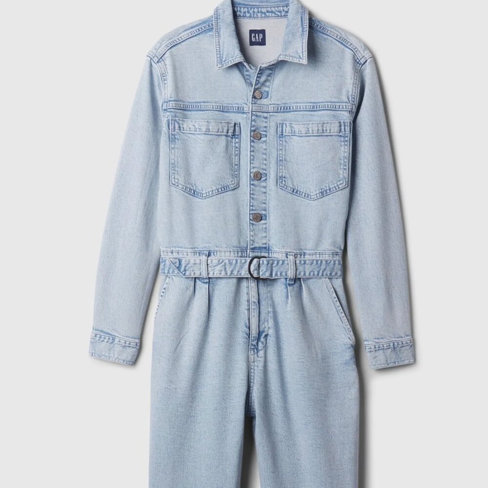 NWT GAP Stonewashed Denim Jumpsuit Belted Long Sleeve Light Jean Women's Size‎ 8